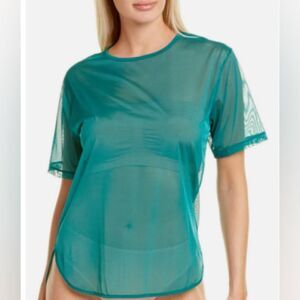 WOLFORD Sheer Tulle Mesh Short Sleeve T-Shirt Blouse Dark Jade Green Sz Small